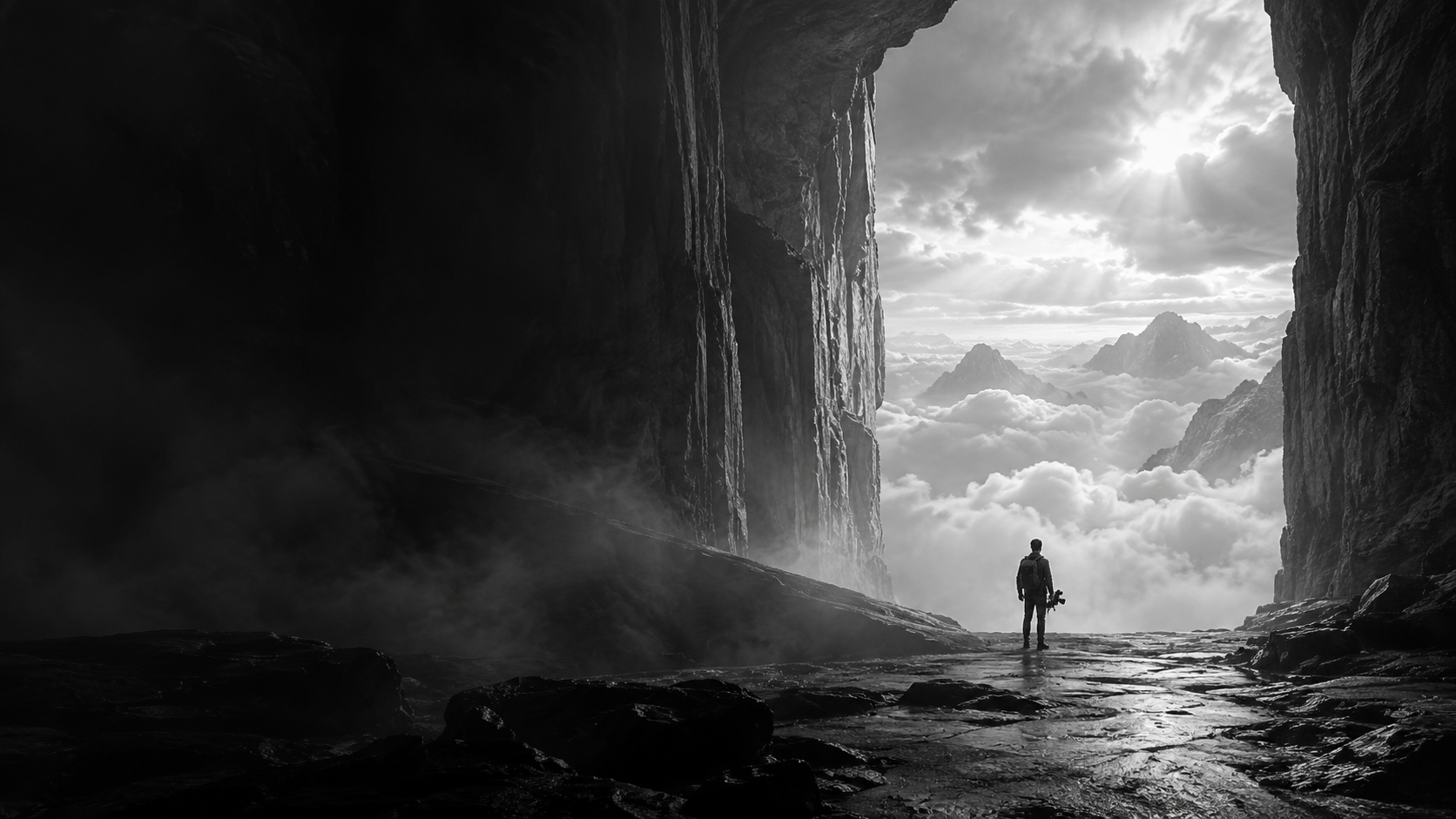 A lone filmmaker facing an immense world above the clouds